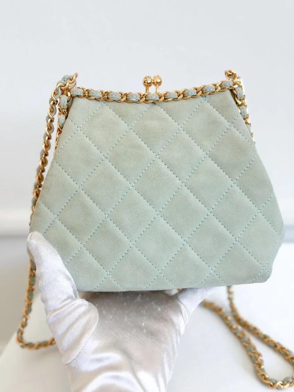 Vintage Chanel Quilted Suede Chain Frame Bag – Mint Green Kiss Lock Shoulder Bag